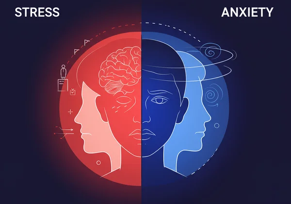 Seseorang merenungkan perbezaan tekanan vs kecemasan, aktiviti otak.