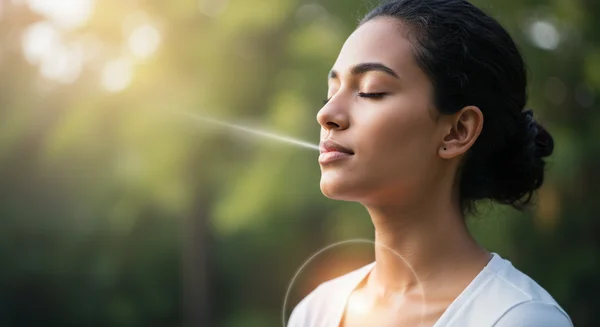 Seseorang sedang berlatih pernafasan 4-7-8, mata terpejam, tenang