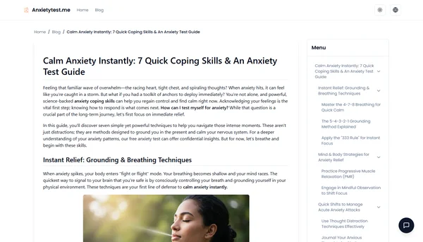 Calm Anxiety Instantly: 7 Quick Coping Skills & An Anxiety Test Guide