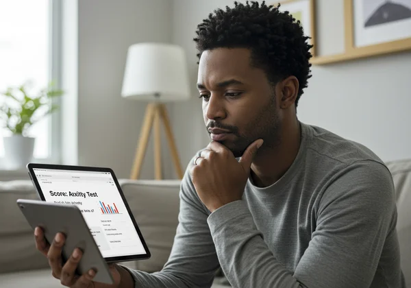 Seseorang dengan teliti menyemak keputusan ujian kebimbangan digital.