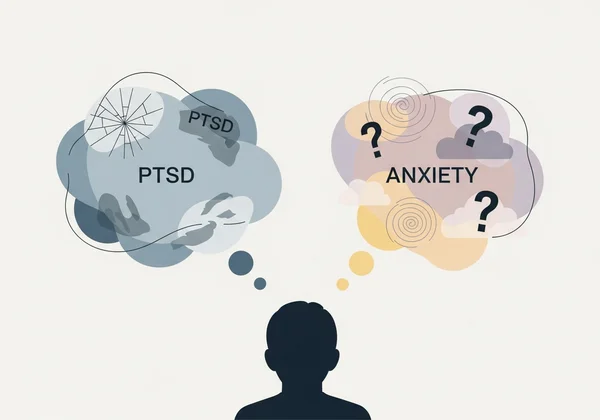Person looking thoughtfully at a clear distinction between PTSD and anxiety concepts