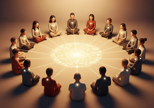 A diverse group of people sitting together in a supportive circle, engaged in open and caring discussion.