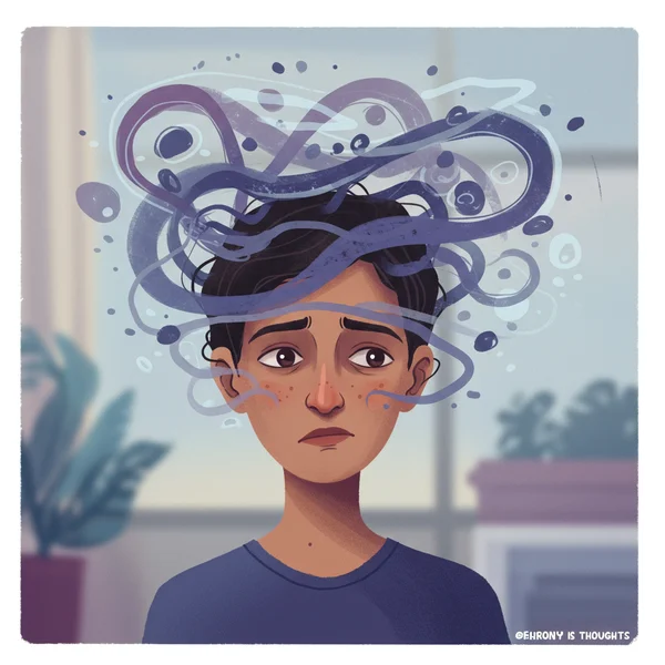 A person engulfed by abstract, swirling worry, feeling overwhelmed