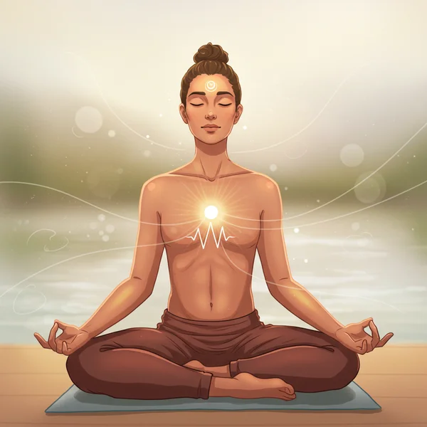 A person practicing deep breathing in a calm, serene setting