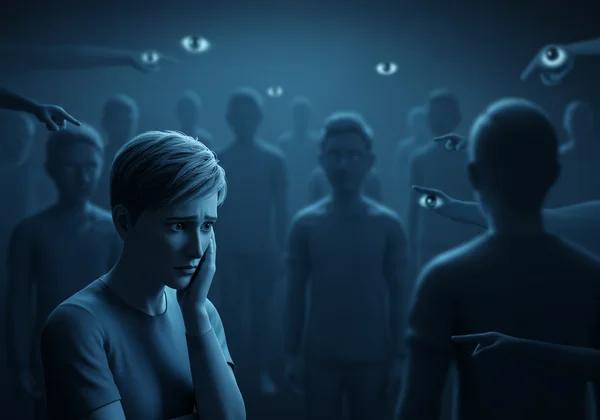 Person feeling isolated and anxious in a social setting.