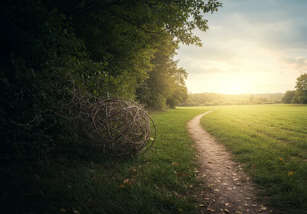 A path leading from a tangled forest into a calm clearing.