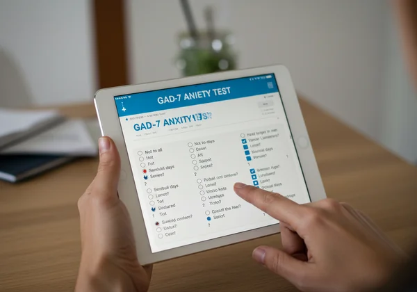 A person taking the GAD-7 anxiety test on a tablet.