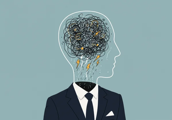 A successful person with a chaotic storm cloud in their head.