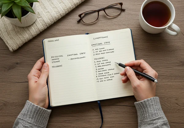 Person writing symptoms and feelings in a journal