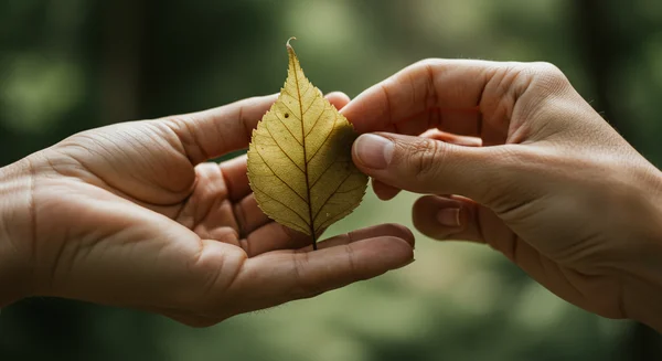 Hand holding a leaf, focusing on mindful observation
