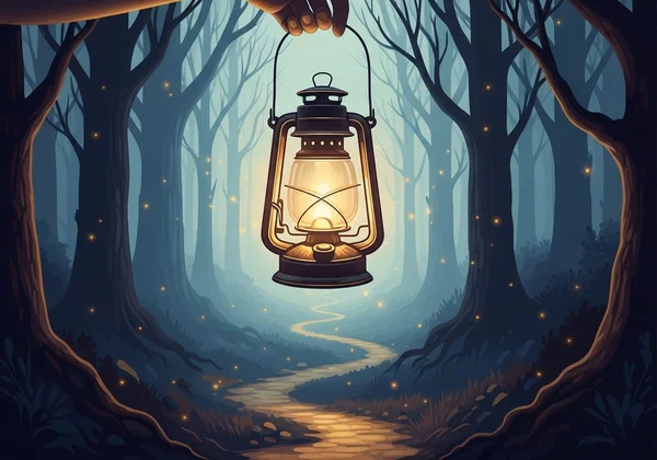 A warm lantern casting a gentle light on a path in a dark forest, symbolizing guidance and hope.